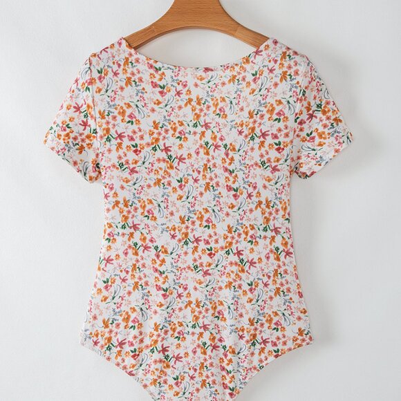 B251 Orange Short Sleeve Floral Ruched Sweetheart Bodysuit - Picture 11 of 16